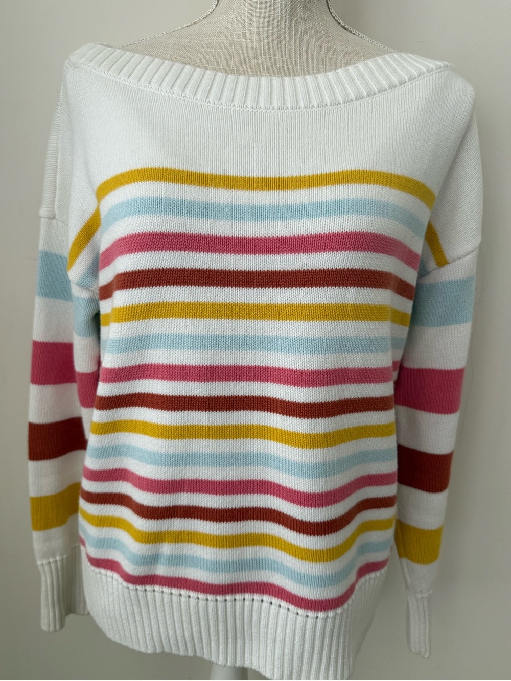 GAP Off-the-Shoulder Cream Sweater with Multicolor Stripes